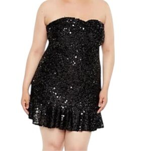 Forever 21 Sequin Strapless Mini Dress NWT – Black Bodycon Ruffle Hem, Size L